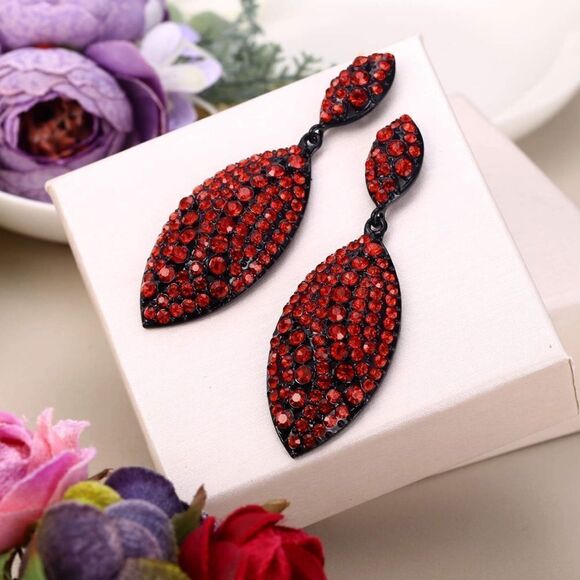 Carbon Black with Ruby Red Crystal Double Leaf Chandelier Post Back Earrings - Picture 2 of 4